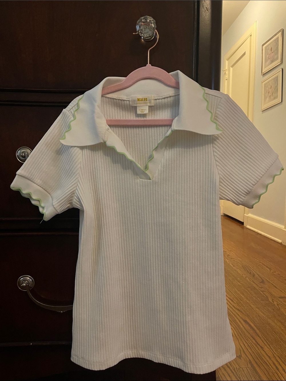 Maeve for Anthropologie White Ribbed Polo with Lime Scallop Trim